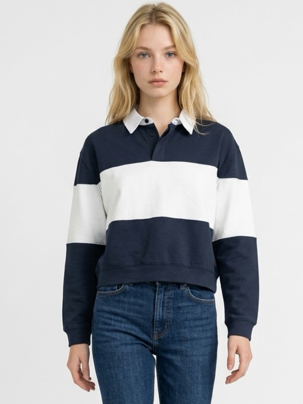 Cropped Button-Down Rugby Top in Navy and White